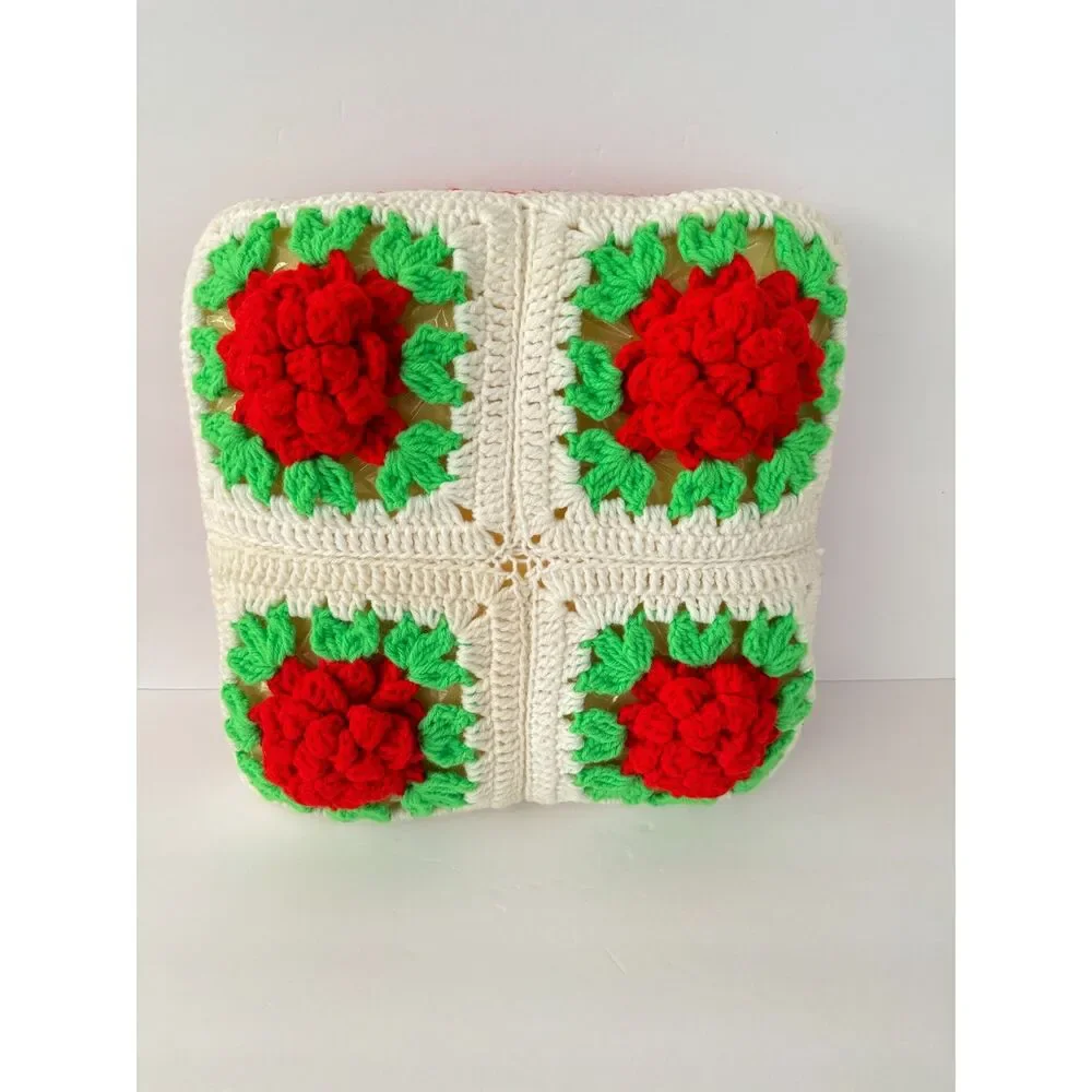 Handmade Crochet 3D Red Roses Floral Decor Pillow Christmas Holiday Vintage